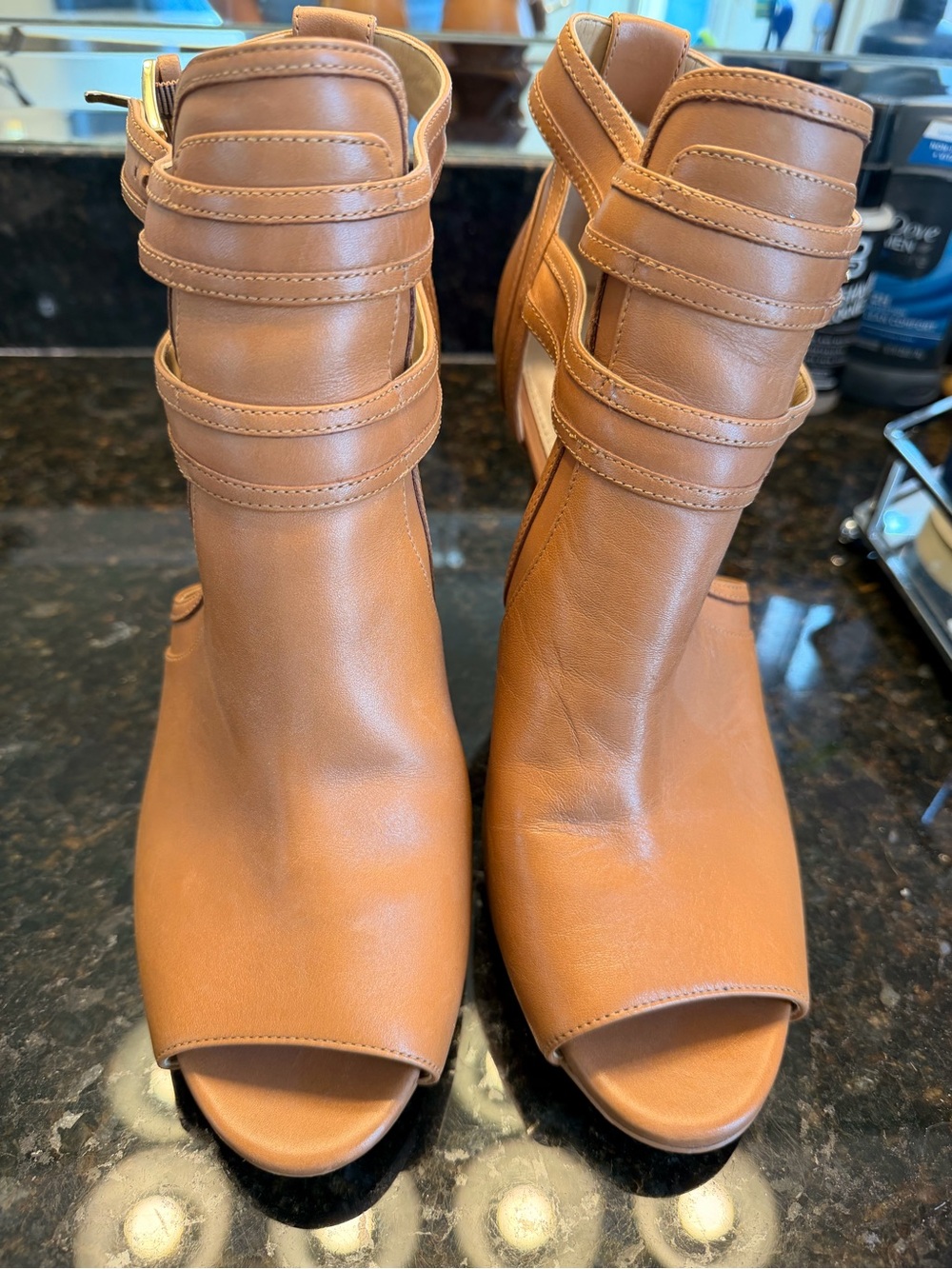 Michael Kors Tan Leather Peep-Toe Ankle Heels